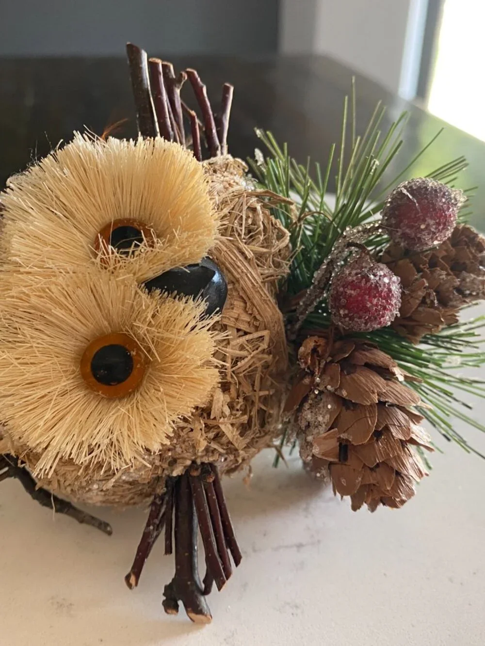Rustic Woodland Christmas Ornaments Lot of 4 Owl Reindeer Sisal Feather Décor